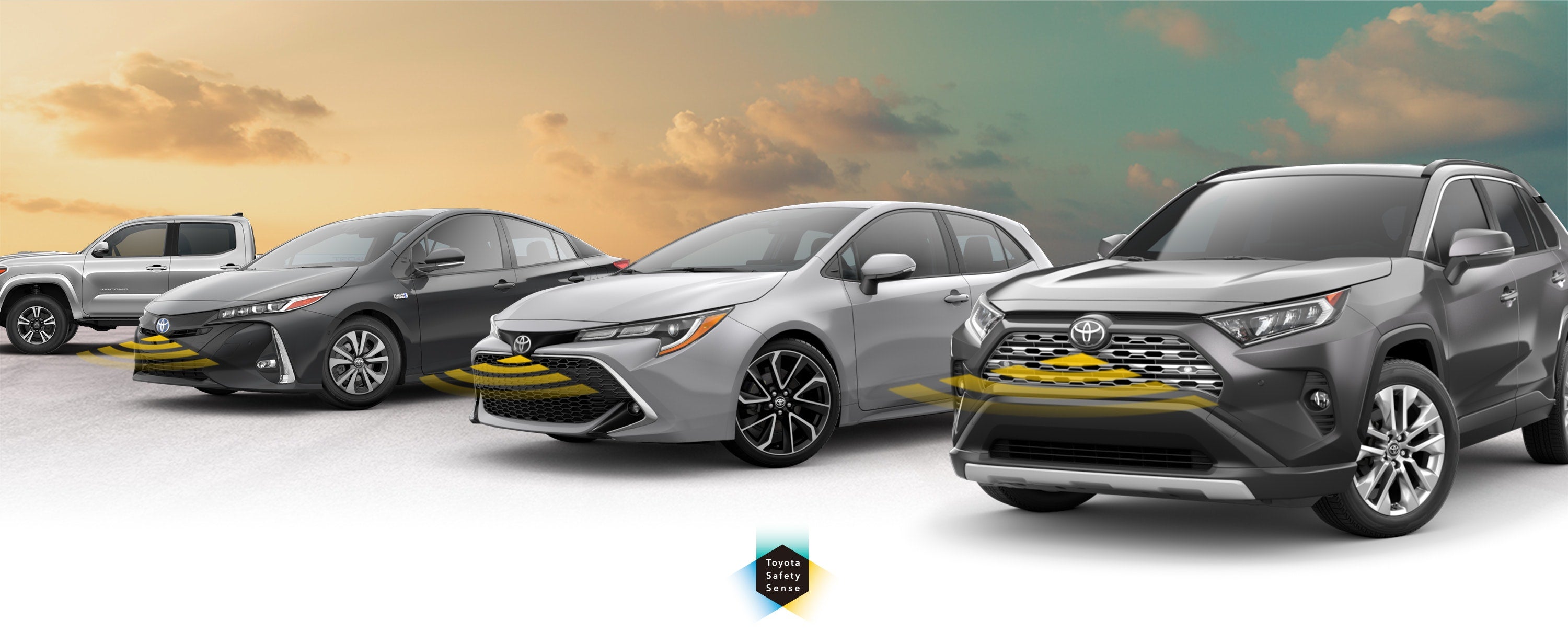 Toyota Safety Sense: Designed for Safety. Options shown on Toyota models including RAV4, Tacoma, and Camry, available now at Cloninger Toyota in Salisbury NC.