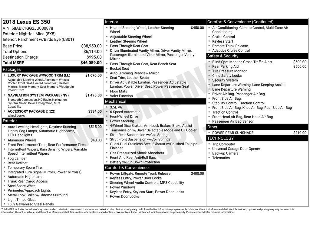 2018 Lexus ES 350 Base