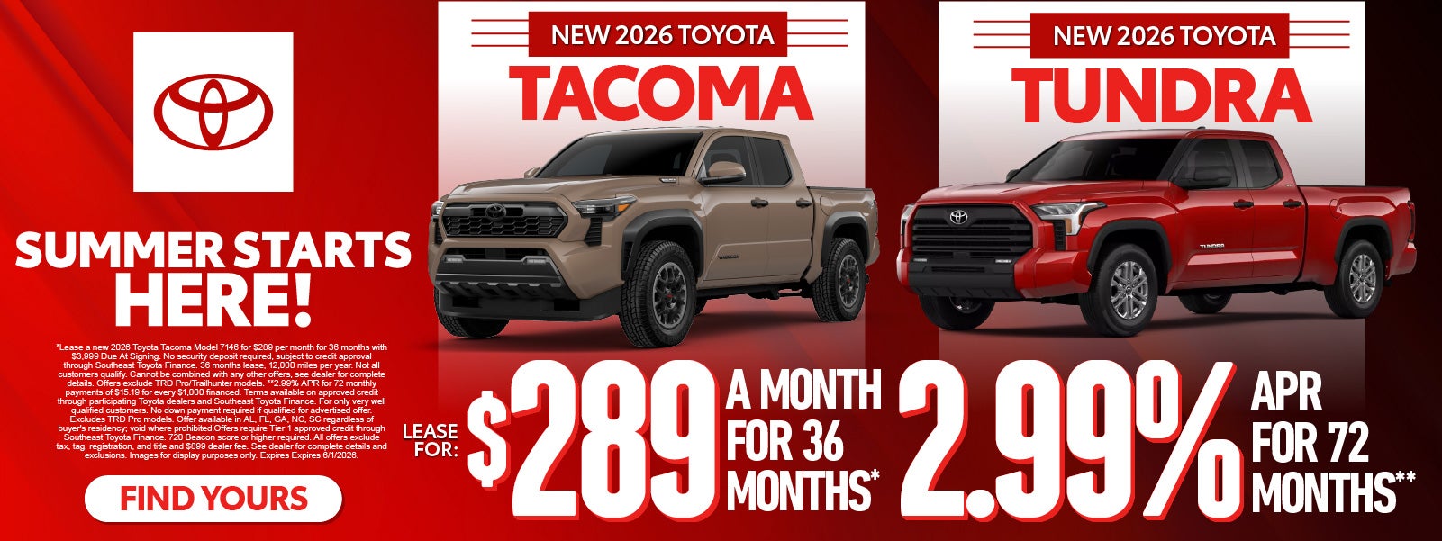 "New 2026 Toyota Tacoma New 2026 Toyota Tundra "	"Lease for