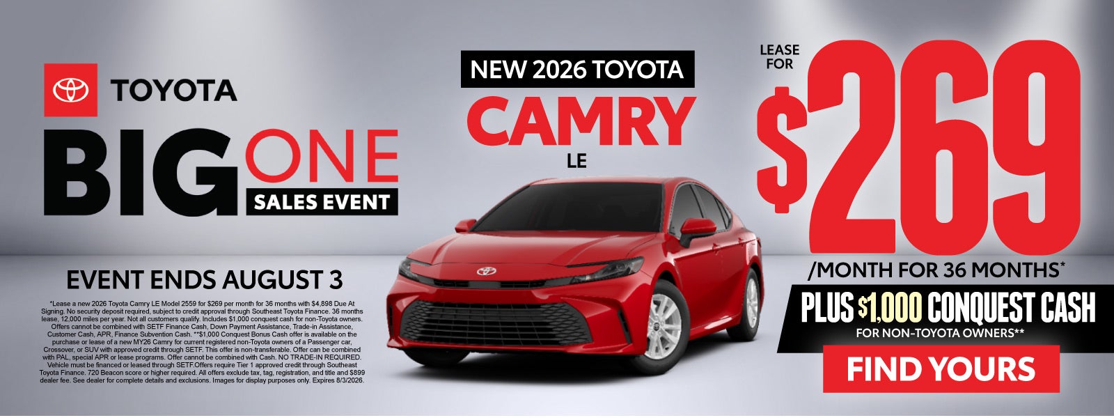 New 2026 Toyota Camry LE 	Lease for $269/Mo for 36 Months* P