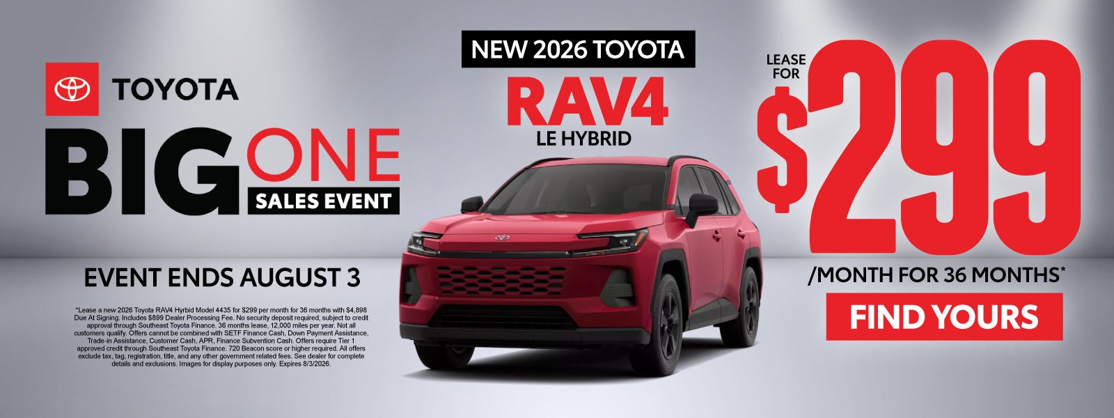 New 2026 Toyota RAV4 LE Hybrid	Lease for $299/Mo for 36 Mont