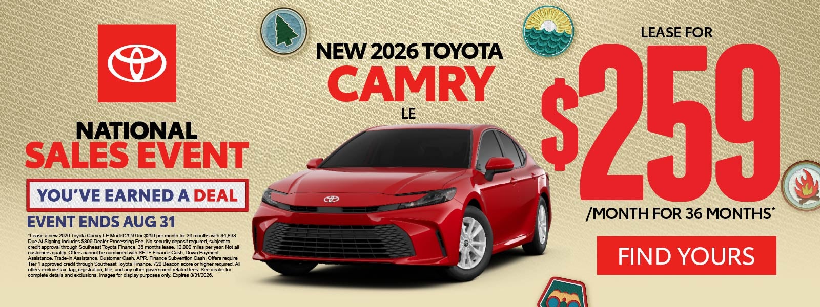 New 2026 Toyota Camry LE 	Lease for $259/Mo for 36 Months* 