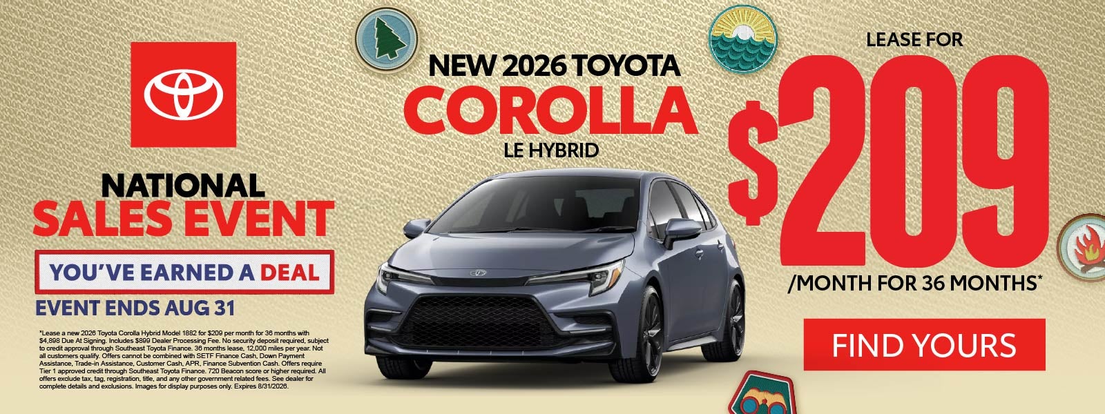 New 2026 Toyota Corolla LE Hybrid	Lease for $209/Mo for 36 M