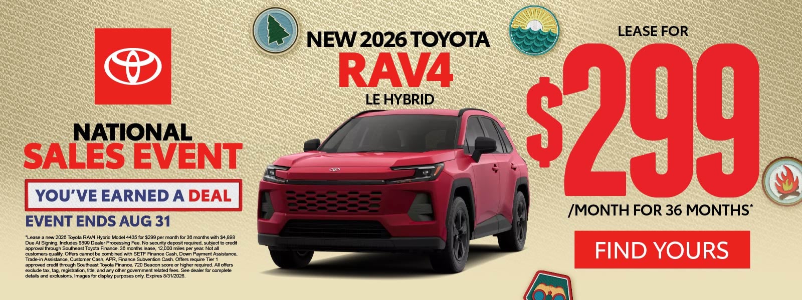 New 2026 Toyota RAV4 LE Hybrid	Lease for $299/Mo for 36 Mont
