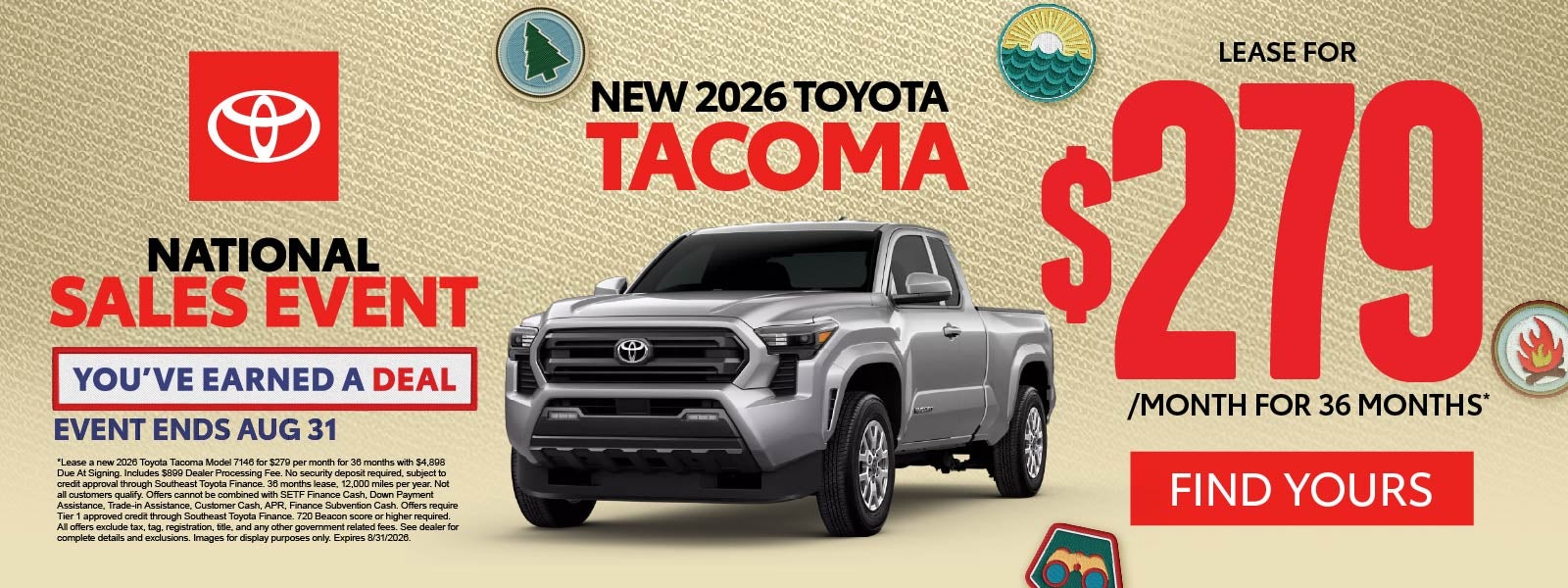 New 2026 Toyota Tacoma	Lease for $279/Mo for 36 Months*