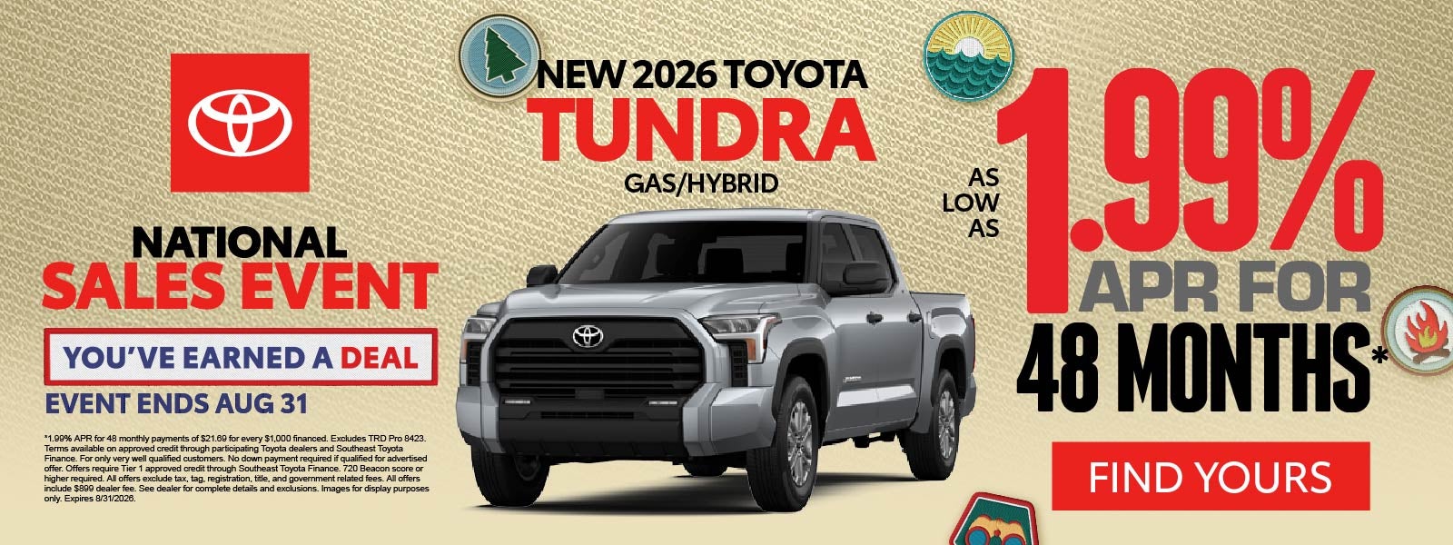 New 2026 Toyota Tundra Gas/Hybrid	As low as 1.99% APR for 48