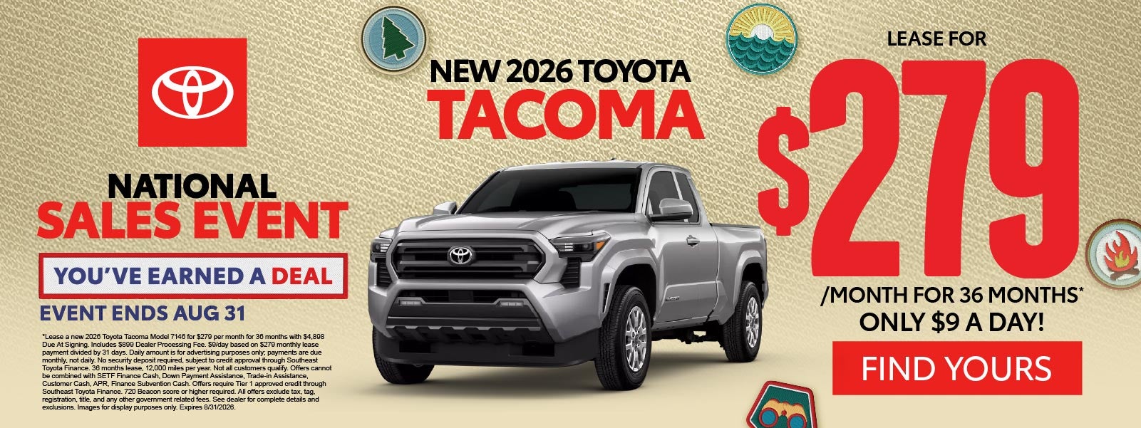 New 2026 Toyota Tacoma	"Lease for $279/Mo for 36 Months* On