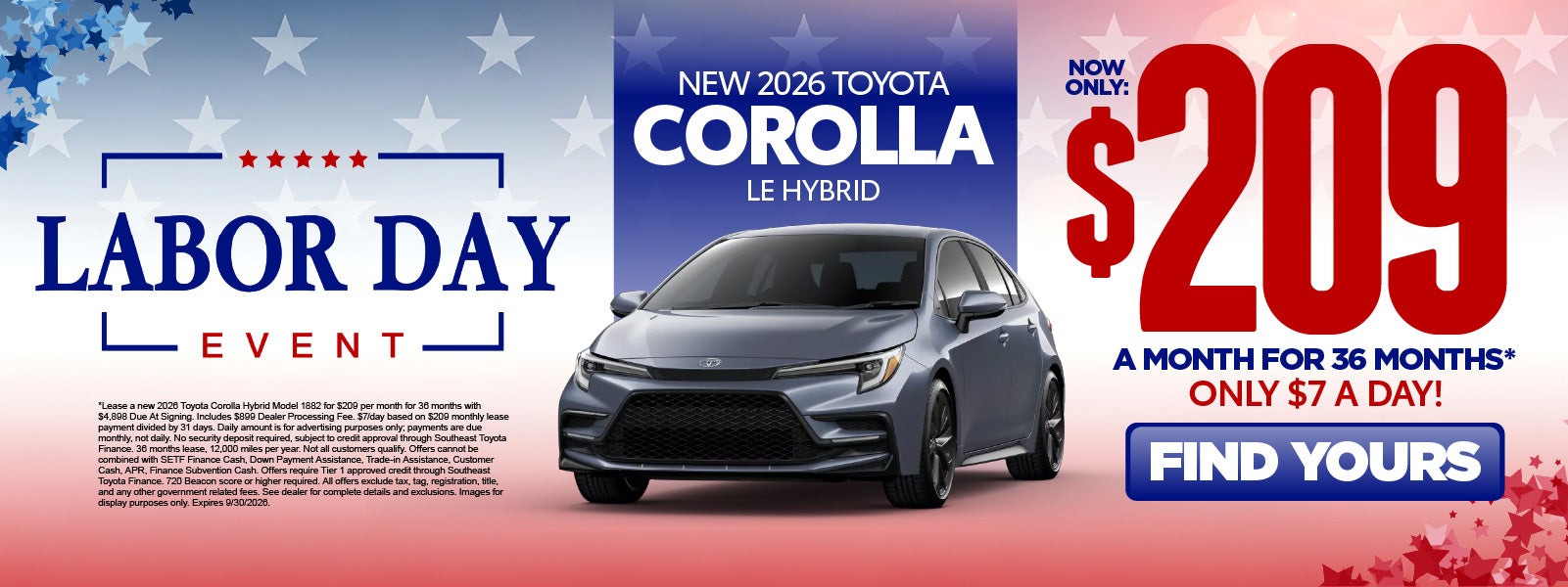 New 2026 Toyota Corolla LE Hybrid	"Lease for $209/Mo for 36 