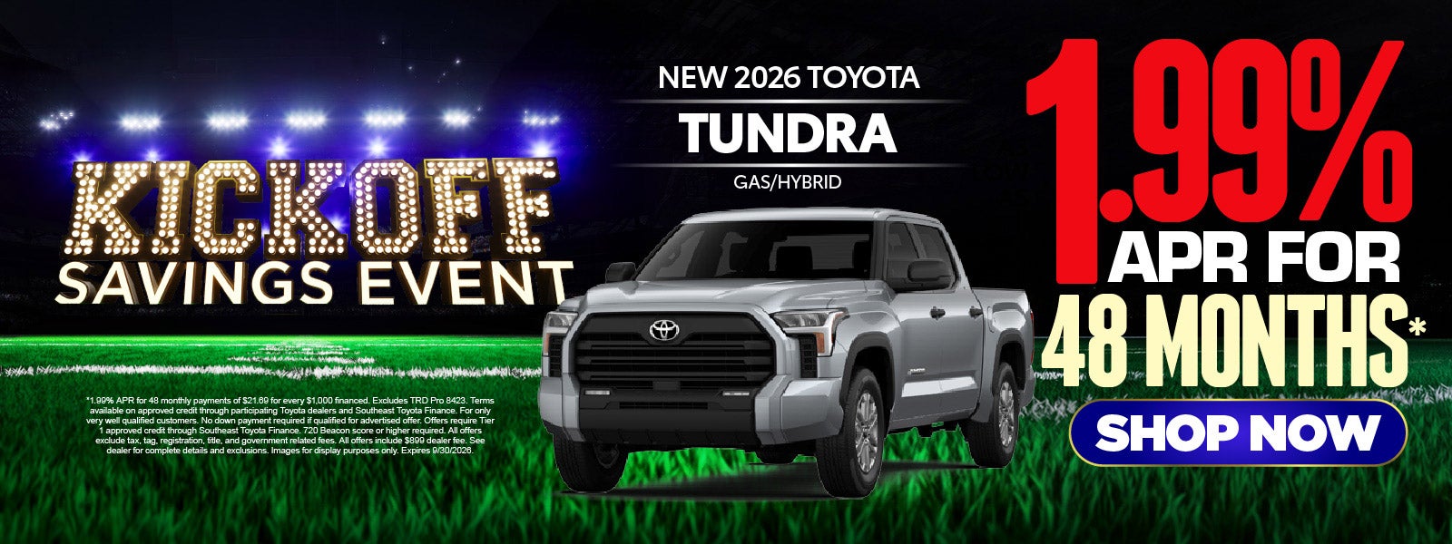 New 2026 Toyota Tundra Gas/Hybrid	As low as 1.99% APR for 48
