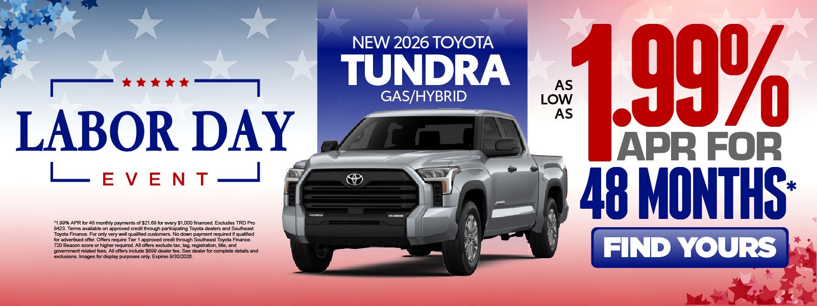 New 2026 Toyota Tundra Gas/Hybrid	As low as 1.99% APR for 48